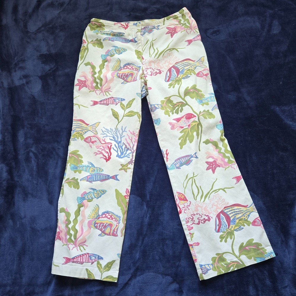 Talbots Jeans Womens 14P Multicolor Aquarium Tropical Fish Wide Leg Novelty